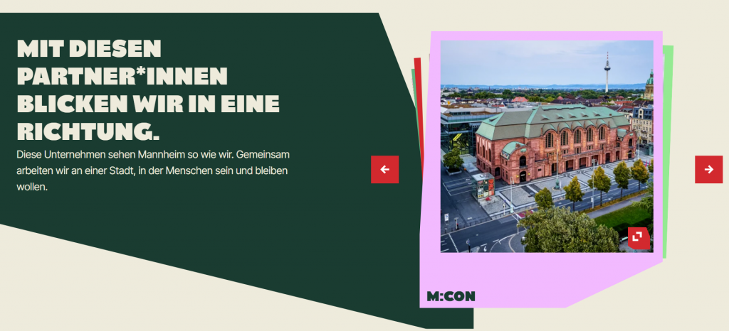 Eine Webseite mit der Überschrift Mit diesen Partner*innen blicken wir in eine Richtung. Diese Unternehmen sehen Mannheim so wie wir. Gemeinsam arbeiten wir an einer Stadt, in der Menschen sein und bleiben wollen.