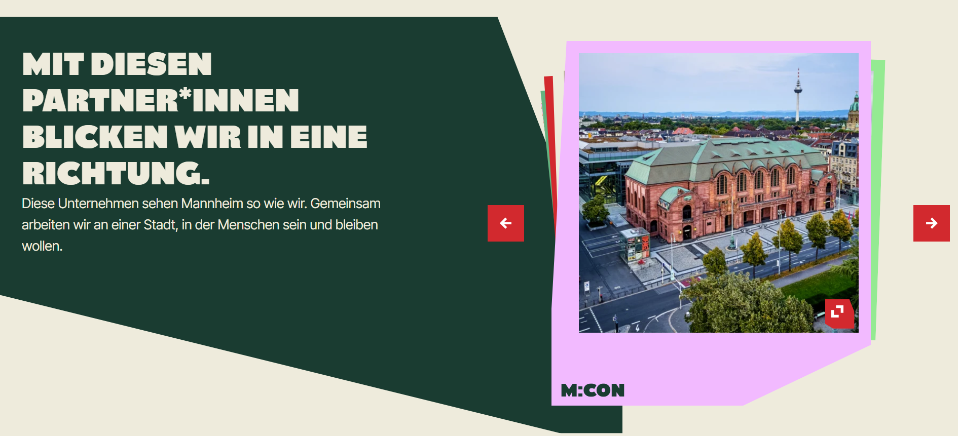 Eine Webseite mit der Überschrift Mit diesen Partner*innen blicken wir in eine Richtung. Diese Unternehmen sehen Mannheim so wie wir. Gemeinsam arbeiten wir an einer Stadt, in der Menschen sein und bleiben wollen.